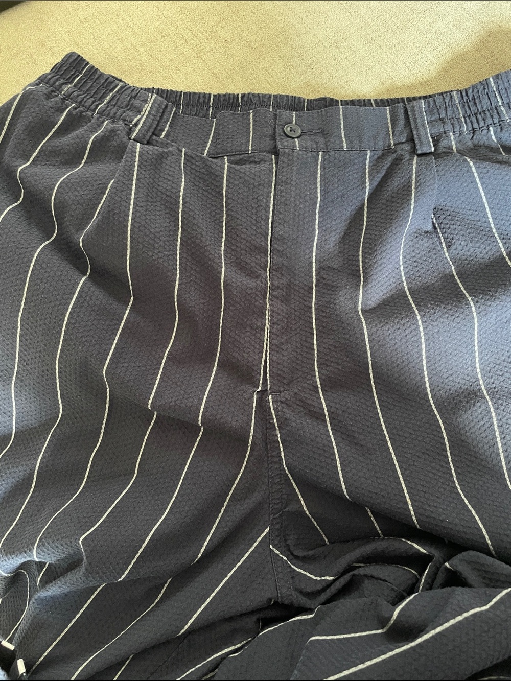 Adidas Navy Pinstripe Sweatpants with White Stripes - Picture 4 of 5